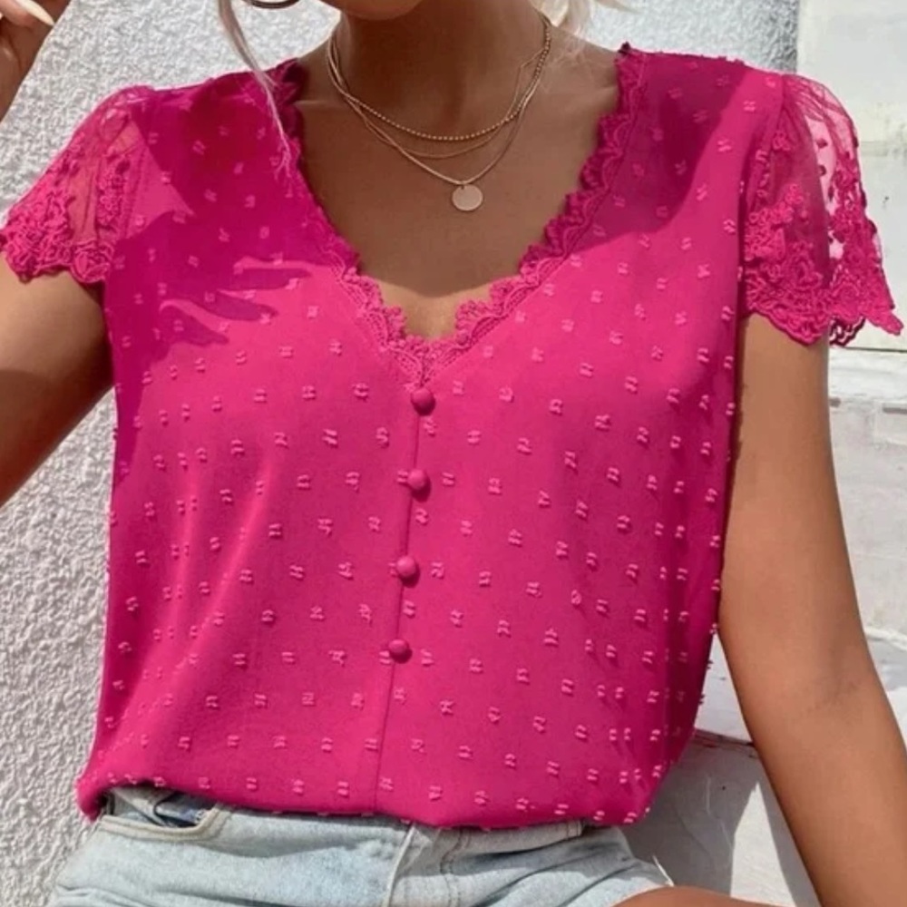 Boho Hot Pink Swiss Dot Floral Lace Contrast Blouse